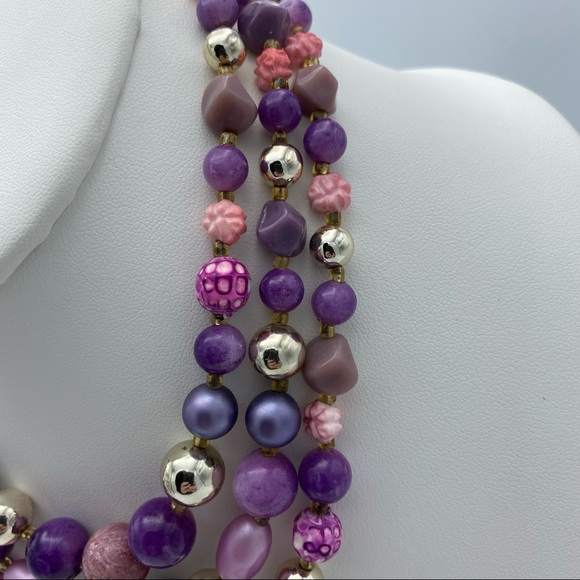 Vintage Purple Silver Tone Flower Beaded Multi Strand Collar Statement Necklace - Picture 9 of 11